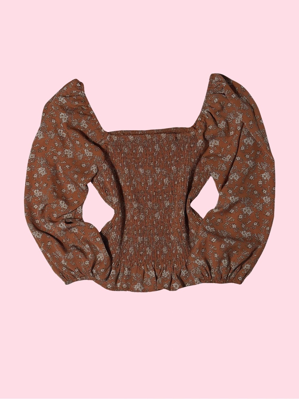 Smocked Square-Neck Puff Sleeve Top - Brown Floral